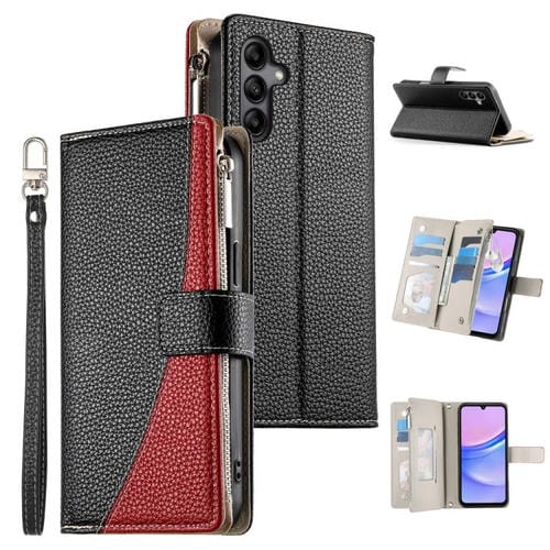 Funda de cuero tipo billetera con cremallera y múltiples tarjetas para Samsung Galaxy A05s, con costuras y correa corta (negra)