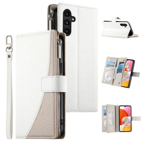 Funda de cuero tipo billetera con cremallera y múltiples tarjetas para Samsung Galaxy A14 4G/5G con costuras y correa corta (blanca)