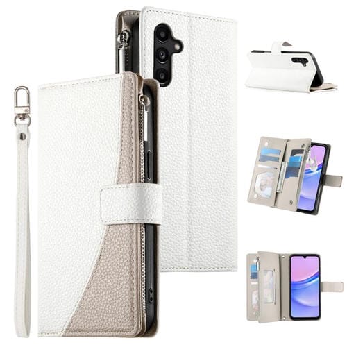 Funda de cuero tipo billetera con cremallera y múltiples tarjetas para Samsung Galaxy A15 4G/5G con costuras y correa corta (blanca)