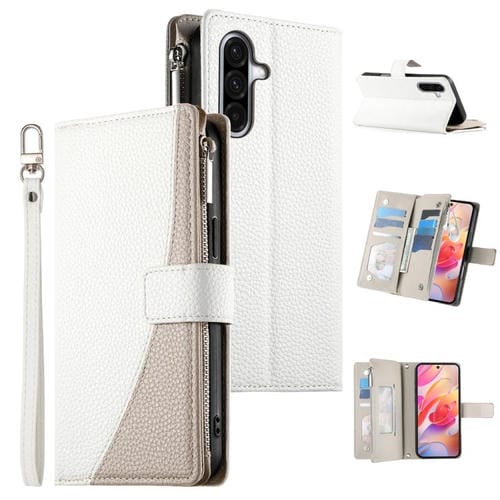 Funda de cuero tipo billetera con cremallera y múltiples tarjetas para Samsung Galaxy A36 5G, con costuras y correa corta (blanca)