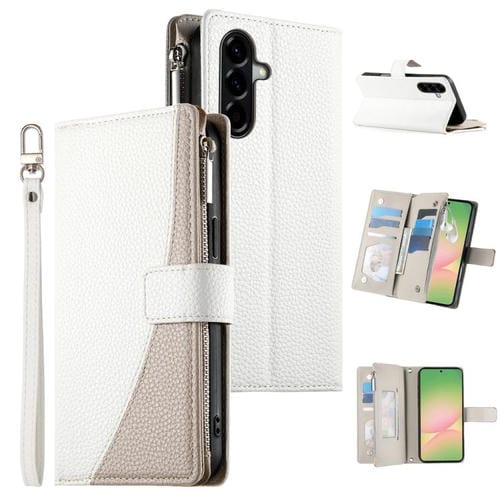 Funda de cuero tipo billetera con cremallera y múltiples tarjetas para Samsung Galaxy A56 5G, con costuras y correa corta (blanca)