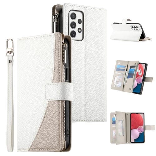 Funda de cuero tipo billetera con cremallera y múltiples tarjetas para Samsung Galaxy A72 4G/5G con costuras y correa corta (blanca)