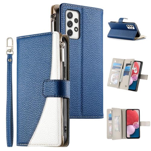 Funda de cuero tipo billetera con cremallera y múltiples tarjetas para Samsung Galaxy A72 4G/5G con costuras y correa corta (azul oscuro)