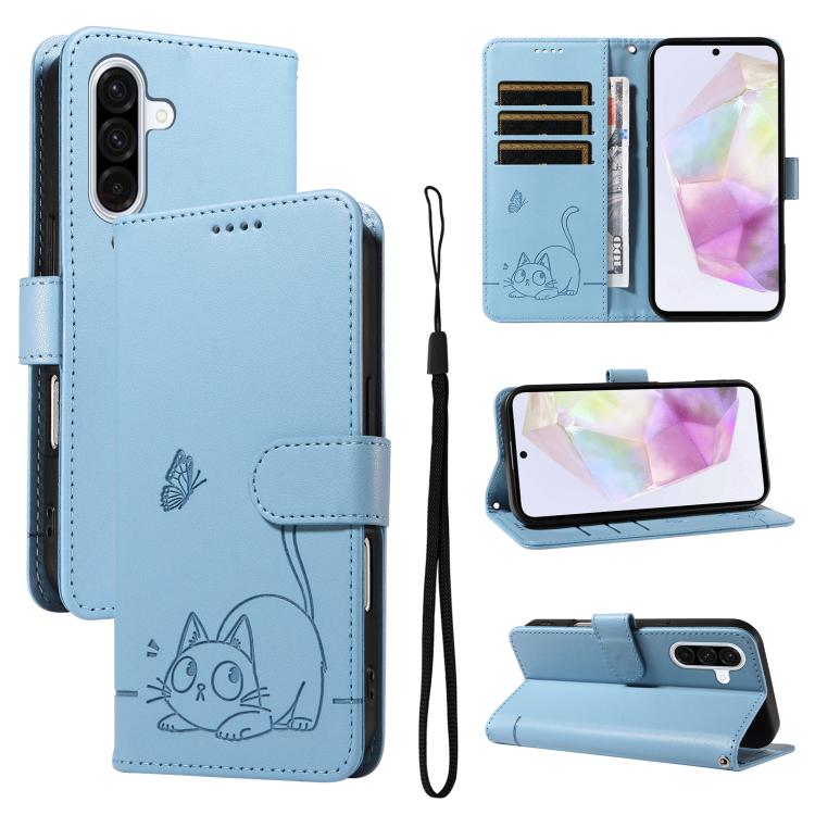 Funda de cuero con tapa y estampado de gato adorable para Samsung Galaxy A36 5G / M56 5G (azul cielo)