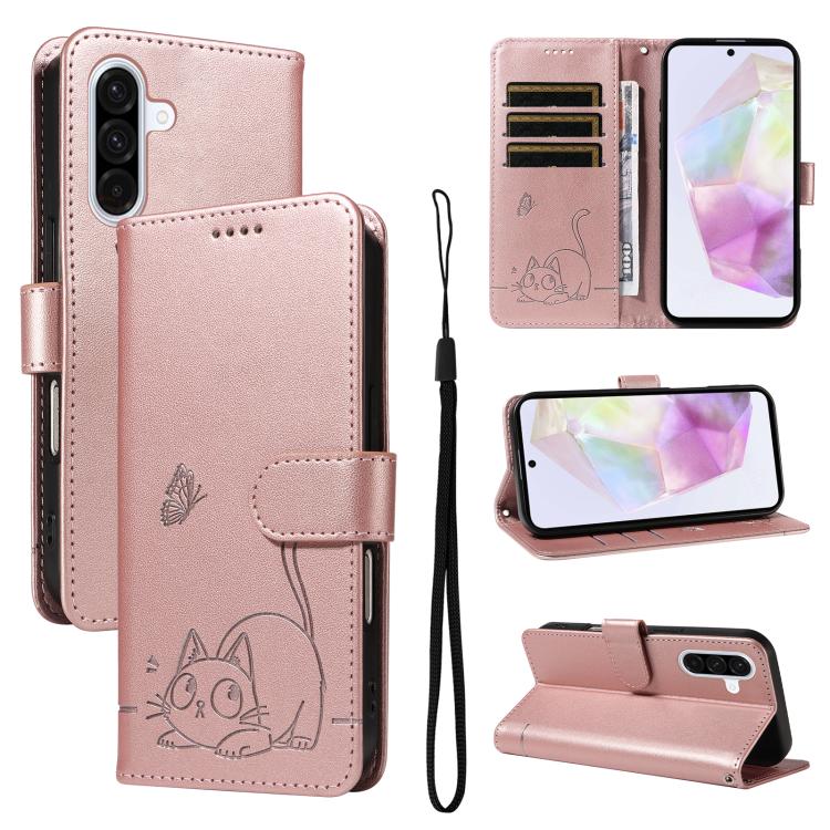 Funda de cuero con tapa y estampado de gato adorable para Samsung Galaxy A56 5G (oro rosa)