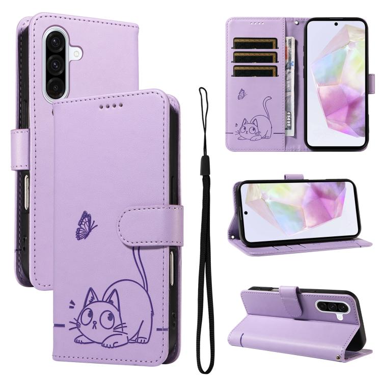Funda de cuero con tapa y estampado de gato adorable para Samsung Galaxy A56 5G (morado)