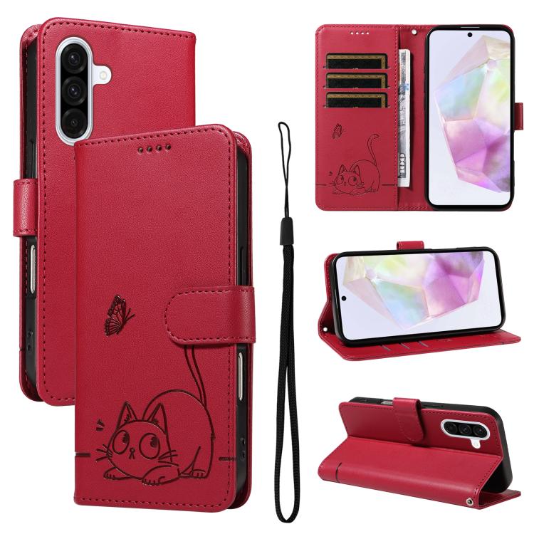 Funda de cuero con tapa y estampado de gato adorable para Samsung Galaxy A56 5G (roja)
