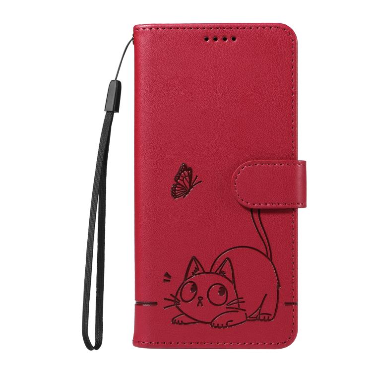 Funda de cuero con tapa y estampado de gato adorable para Samsung Galaxy A56 5G (roja)
