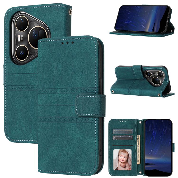 Funda de piel con textura de rayas en relieve para Huawei Pura 80 Ultra 5G (verde oscuro)