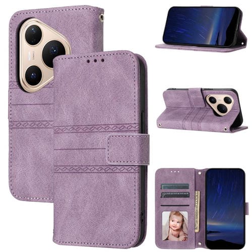 Funda de cuero con textura de piel y rayas en relieve para Huawei Pura 80 Pro 5G / 80 Pro+ 5G (morado claro)