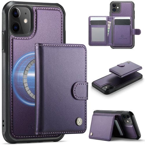 JEEHOOD J09 - Funda de cuero con hebilla para iPhone 12/12 Pro, estilo magnético, RFID, MagSafe (morado)