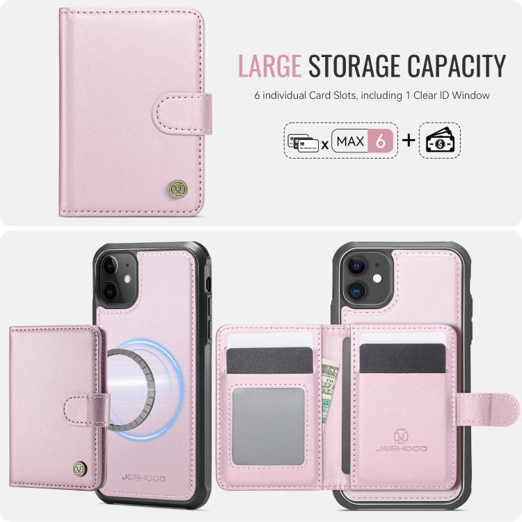 JEEHOOD J09 - Funda de cuero con hebilla para iPhone 11, estilo magnético, RFID, MagSafe (rosa)