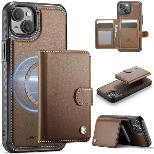 JEEHOOD J09 - Funda de cuero con hebilla para iPhone 15 Plus/14 Plus, estilo magnético, RFID, MagSafe (marrón)