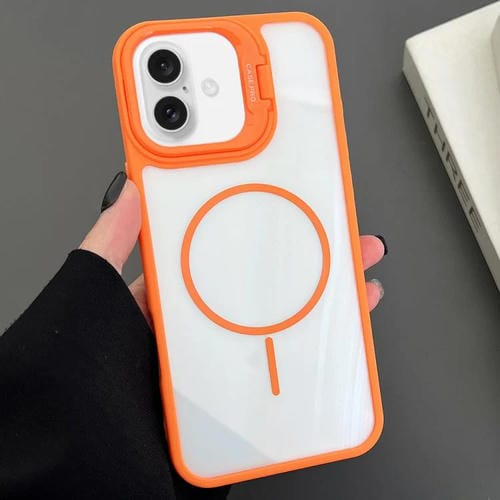 Funda magnética MagSafe para iPhone 16 Plus con soporte para lente de PC (naranja)