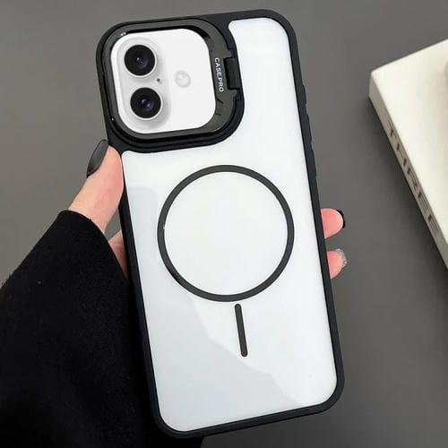 Estuche magnético MagSafe para iPhone 16 Plus con soporte para lente de PC (negro)