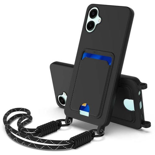 Funda de silicona líquida de color sólido para Samsung Galaxy A06 5G con tarjetero integrado (Gen2) y cordón corto (negro)