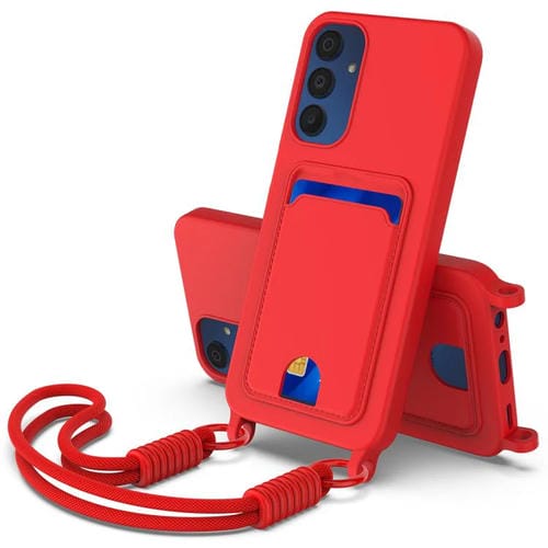 Funda de silicona líquida de color sólido para Samsung Galaxy A15 4G/5G (Gen2) con tarjetero integrado y cordón corto (rojo)