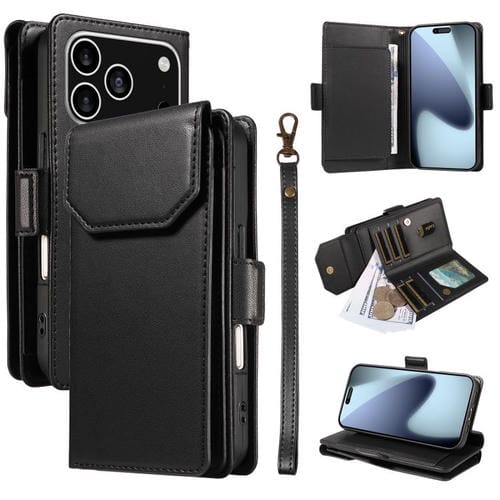 Funda de cuero con múltiples tarjetas y correa para iPhone 17 Pro (negra)