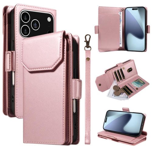 Funda de cuero con tarjetero para iPhone 17 Pro con correa (oro rosa)