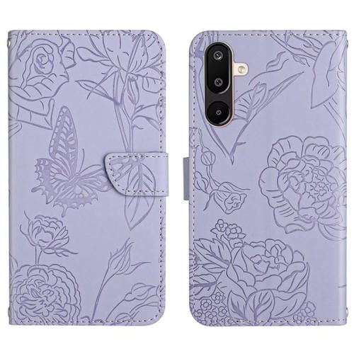 Funda de piel con tapa y diseño de mariposas en relieve para Samsung Galaxy M36 5G (morado)