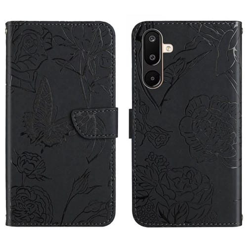 Funda de cuero con tapa y diseño de mariposas en relieve para Samsung Galaxy M36 5G (negra)