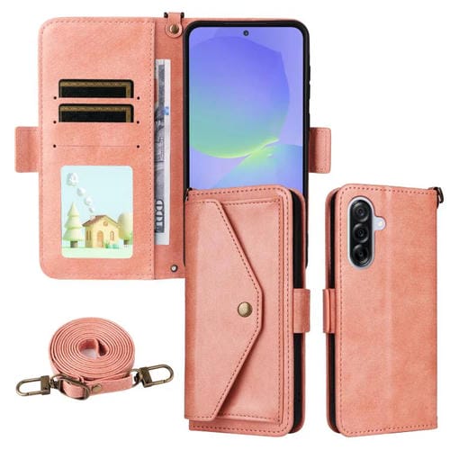Funda de piel de vacuno cruzada con ranuras para múltiples tarjetas para Samsung Galaxy A56 5G (rosa)