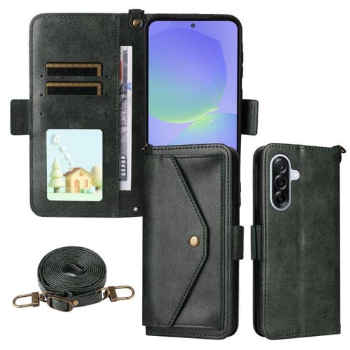 Funda de piel de vacuno cruzada con ranuras para múltiples tarjetas para Samsung Galaxy A56 5G (verde)