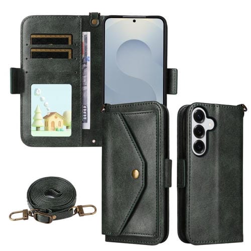 Funda de piel de vacuno cruzada con ranuras para múltiples tarjetas para Samsung Galaxy S25 5G (verde)