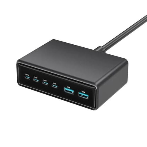 Cargador rápido de escritorio multifunción GaN de 6 puertos, 200 W, 4 USB-C/Tipo C y 2 USB-A, enchufe británico (negro)