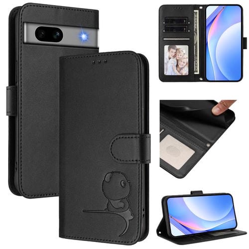 Funda de cuero con estampado RFID y cordón para Google Pixel 7a (negro)