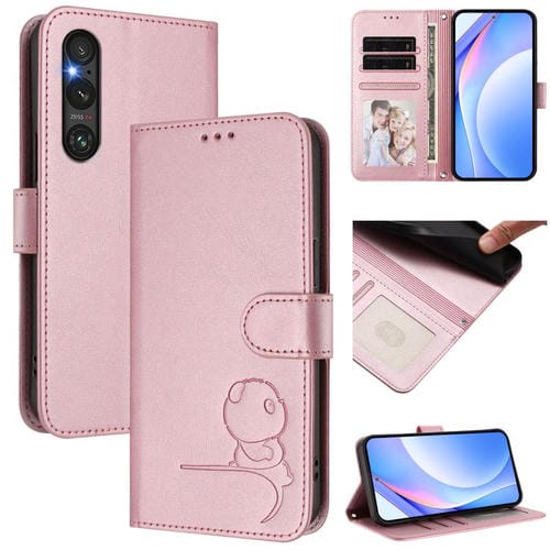 Funda de cuero con relieve RFID y cordón para Sony Xperia 1 V (rosa)