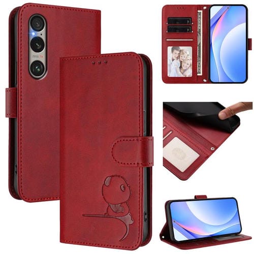 Funda de cuero RFID con estampado de panda y cordón para Sony Xperia 1 VI (rojo vino)