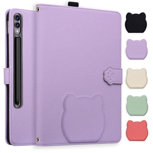 Funda de piel de lichi con tacto de gato para Samsung Galaxy Tab S10 Ultra/S9 Ultra (morado)