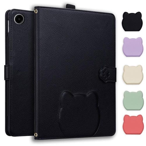 Funda de piel de lichi con tacto de gato para Samsung Galaxy Tab A9+ (negra)