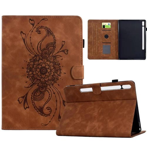 Funda de cuero inteligente con relieve de mandala para Samsung Galaxy Tab S10 FE+ (marrón)