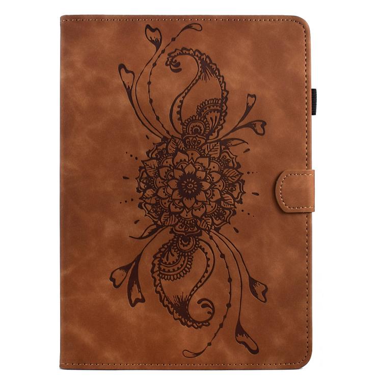 Funda de cuero inteligente con relieve de mandala para Samsung Galaxy Tab S10 FE+ (marrón)