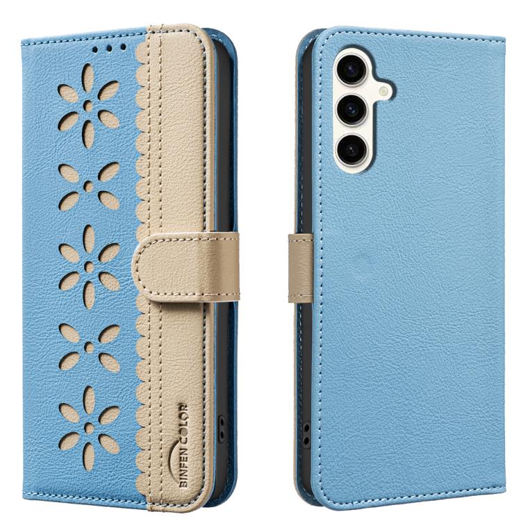 Funda de cuero RFID con estampado floral hueco para Samsung Galaxy M36 5G (azul cielo)