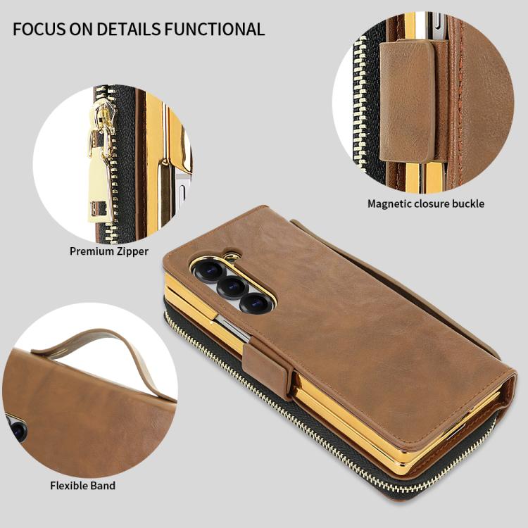 Funda de cuero con hebilla magnética y RFID para Samsung Galaxy Fold6 (marrón)