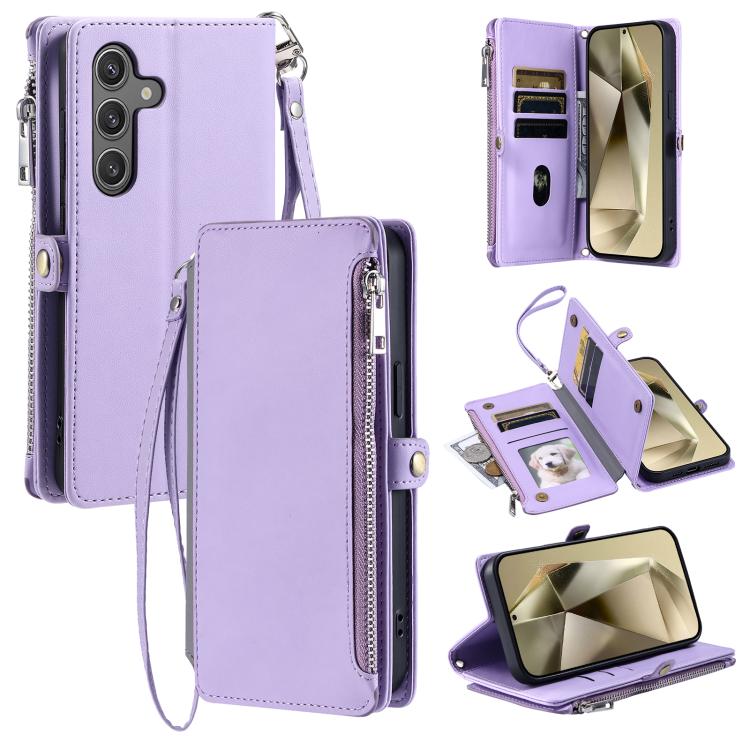 Funda de cuero con cremallera y ranura para múltiples tarjetas para Samsung Galaxy S25 FE 5G (morado)