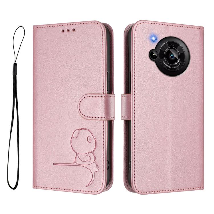Funda de cuero RFID con estampado de panda y cordón para Sharp Aquos R7 SH-52C (rosa)