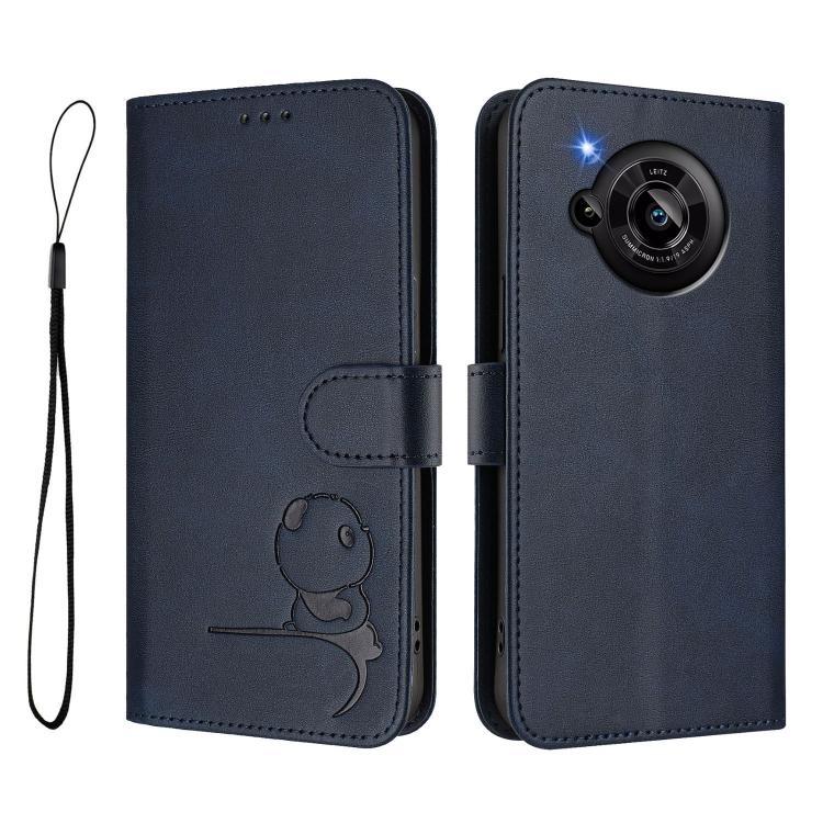 Funda de cuero RFID con estampado de panda y cordón para Sharp Aquos R7 SH-52C (azul)