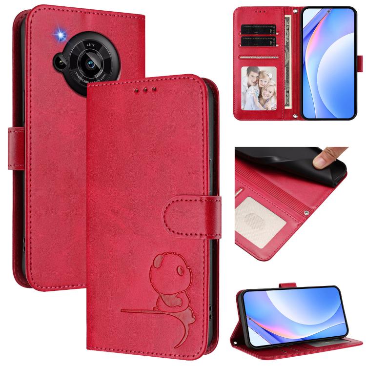 Funda de cuero RFID con estampado de panda y cordón para Sharp Aquos R7 SH-52C (rosa)