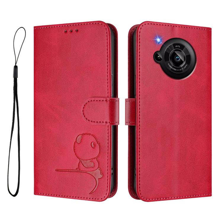 Funda de cuero RFID con estampado de panda y cordón para Sharp Aquos R7 SH-52C (rosa)