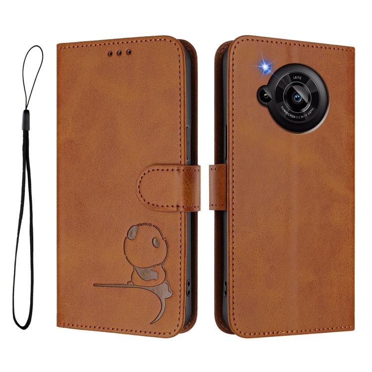 Funda de cuero RFID con estampado de panda y cordón para Sharp Aquos R7 SH-52C (marrón)