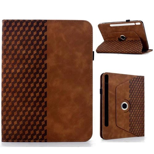 Funda de cuero inteligente con relieve de rombos y rotación para Samsung Galaxy Tab S10 FE/S9 (marrón)