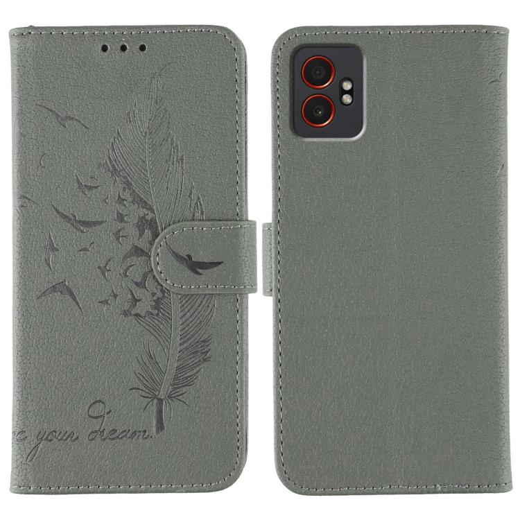 Funda de cuero con textura de lichi y estampado de plumas para Samsung Galaxy XCover7 Pro (gris)