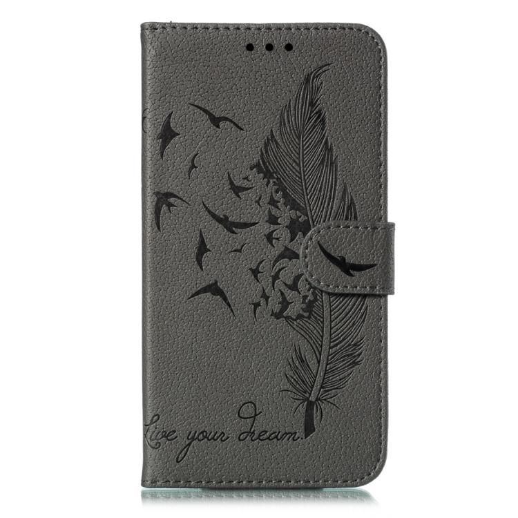 Funda de cuero con textura de lichi y estampado de plumas para Samsung Galaxy XCover7 Pro (gris)