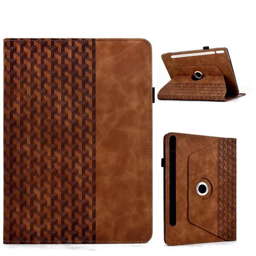 Funda de cuero inteligente con diseño de bloques de construcción giratorios y relieve para Samsung Galaxy Tab S9 FE+ / S9+ (marrón)