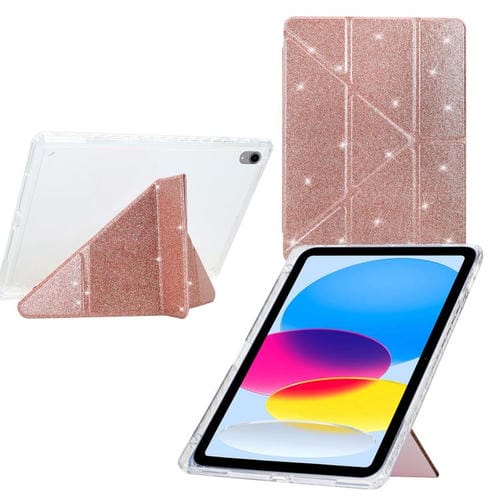 Funda de cuero inteligente con purpurina acrílica transparente plegable en Y para iPad 2025/2022 (oro rosa)