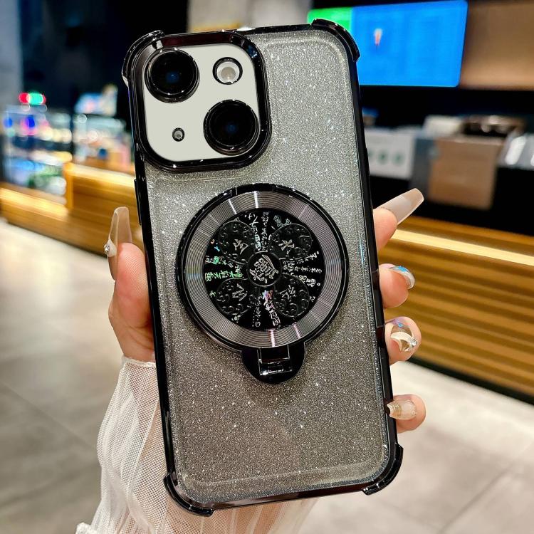 Funda con soporte giratorio con purpurina degradada para iPhone 13 (negra)